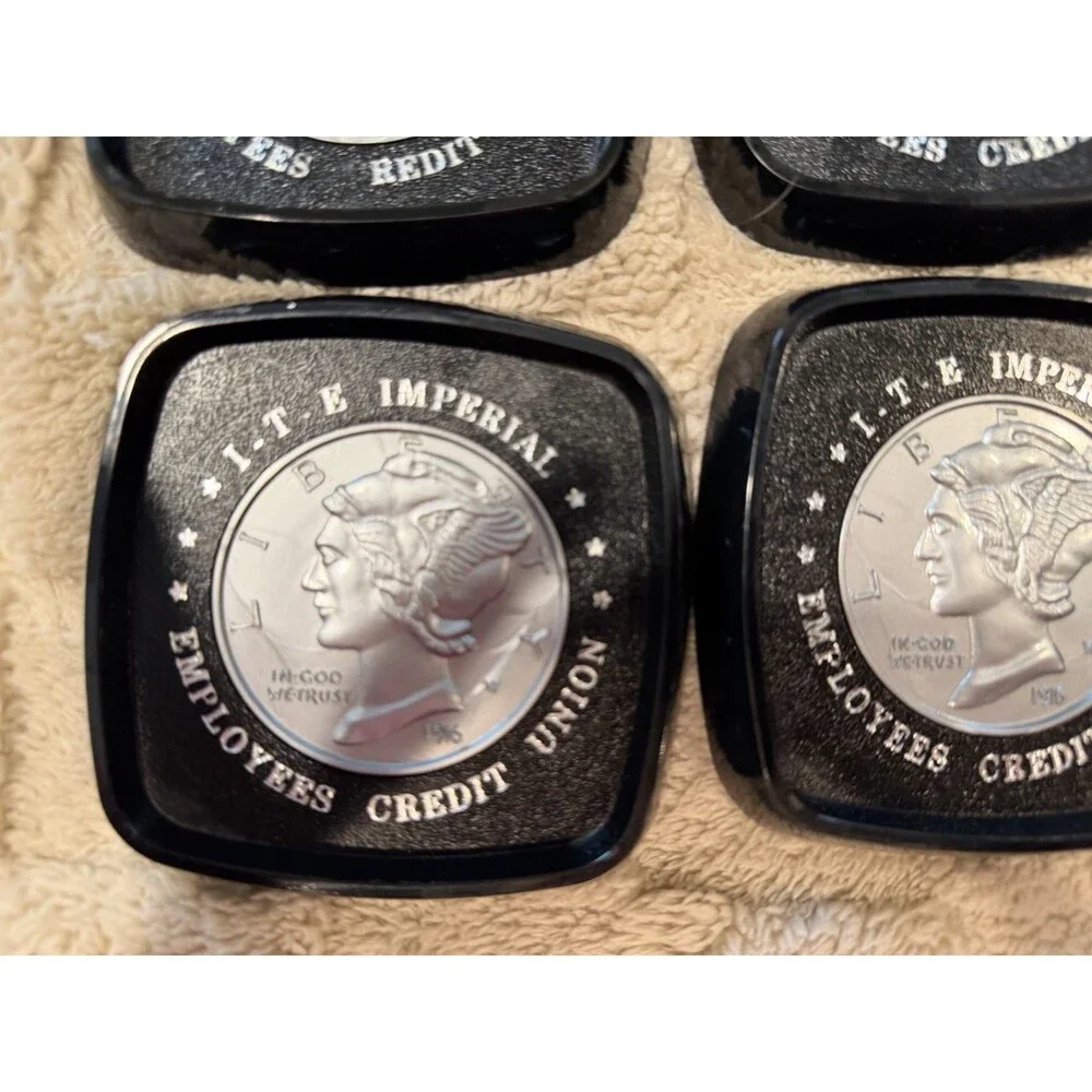 6 Piece Vintage Plastic Coin Medallion Credit Union Coaster Set